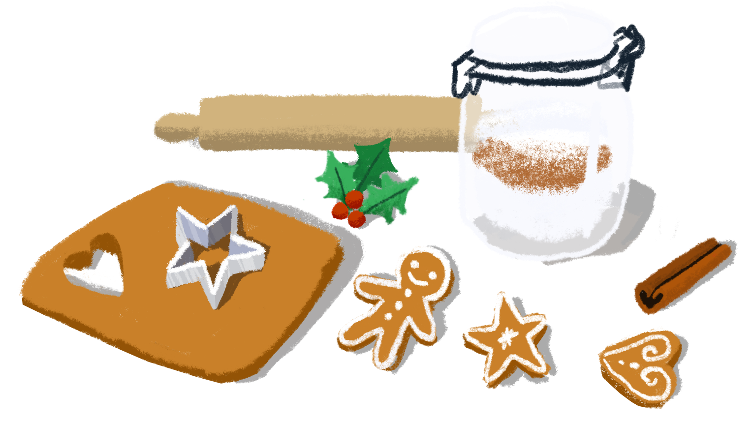 Farine, rouleau, emporte pièce, miel, cannelle, oeuf, beurre, sucre